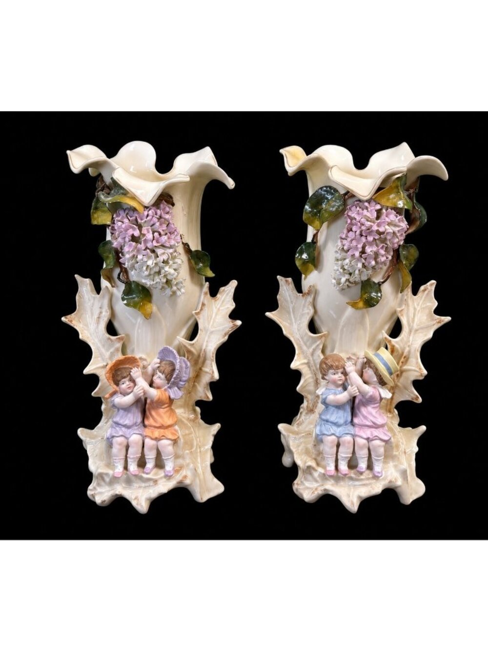 UnusualSitzendorf Antique Pair 13" Vases Applied Hydrangea Children Art Nouveau